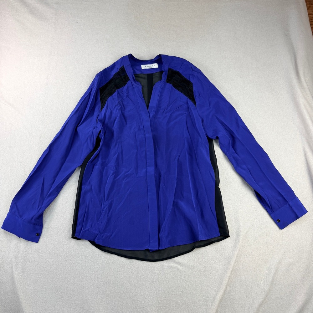Sandro Paris Silk Blouse Cobalt Blue Sheer Black Panel Lace V neck Long Sleeve